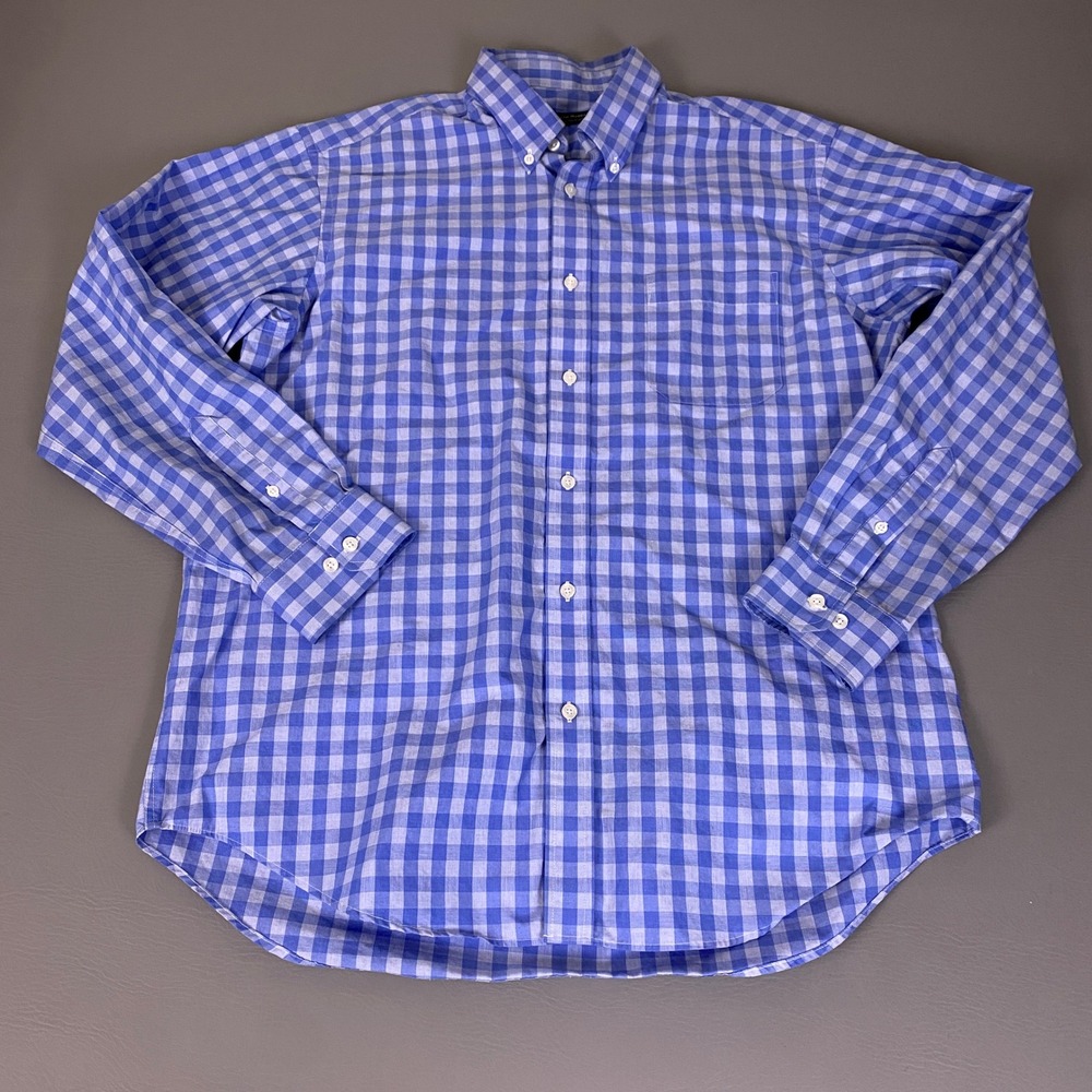 Kenneth Roberts Button Down Shirt Mens Size Large Blue Gingham Wrinkle Resistant